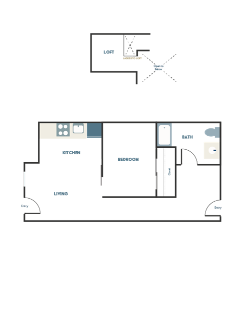 Floor plan for 1 bed, 1 bath, 436 sqft